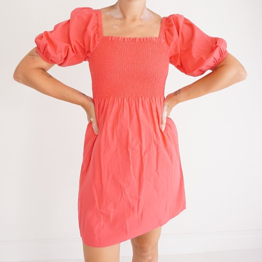 Trinity Turk Designer Coral Smocked Puff Sleeve Cotton Mini Dress Cottagecore XS